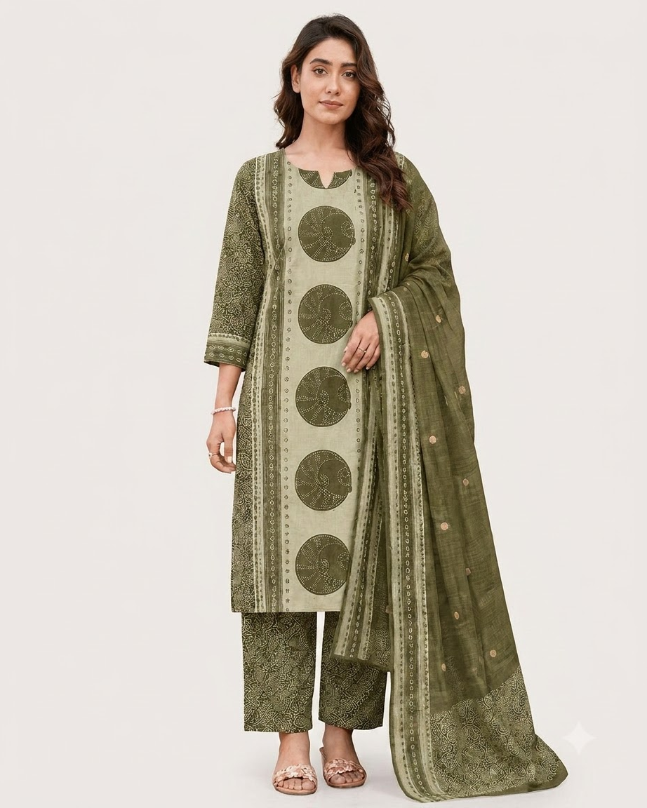 Women's Olive Green and Mint Pure Cotton Bandhani Printed Kurta Pant Set with Dupatta – 3-Piece Traditional Paneled Straight Suit Set