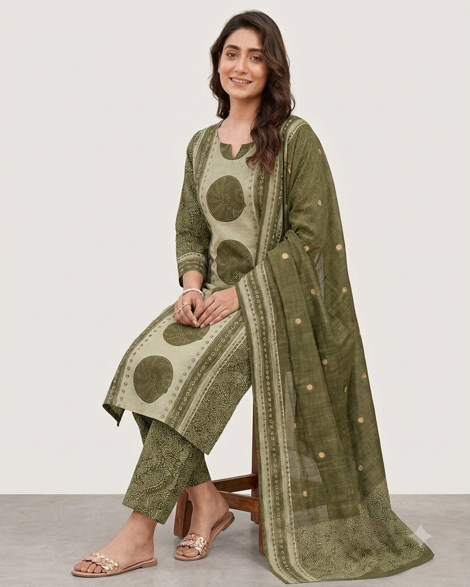 Women's Olive Green and Mint Pure Cotton Bandhani Printed Kurta Pant Set with Dupatta – 3-Piece Traditional Paneled Straight Suit Set