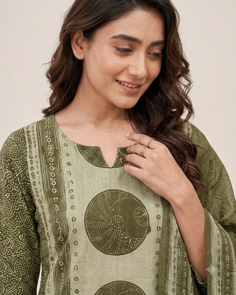 Women's Olive Green and Mint Pure Cotton Bandhani Printed Kurta Pant Set with Dupatta – 3-Piece Traditional Paneled Straight Suit Set