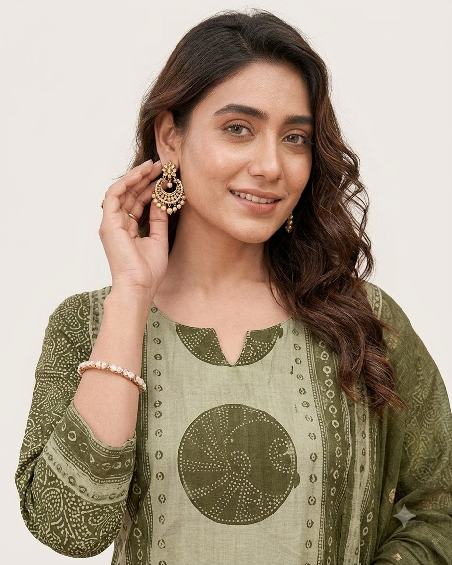 Women's Olive Green and Mint Pure Cotton Bandhani Printed Kurta Pant Set with Dupatta – 3-Piece Traditional Paneled Straight Suit Set