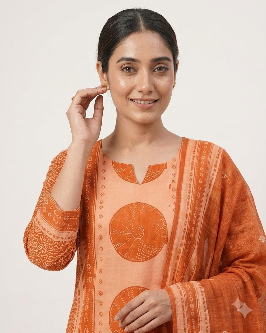 Women's Rust Orange and Peach Pure Cotton Bandhani Printed Kurta Pant Set with Dupatta – 3-Piece Traditional Paneled Straight Suit Set