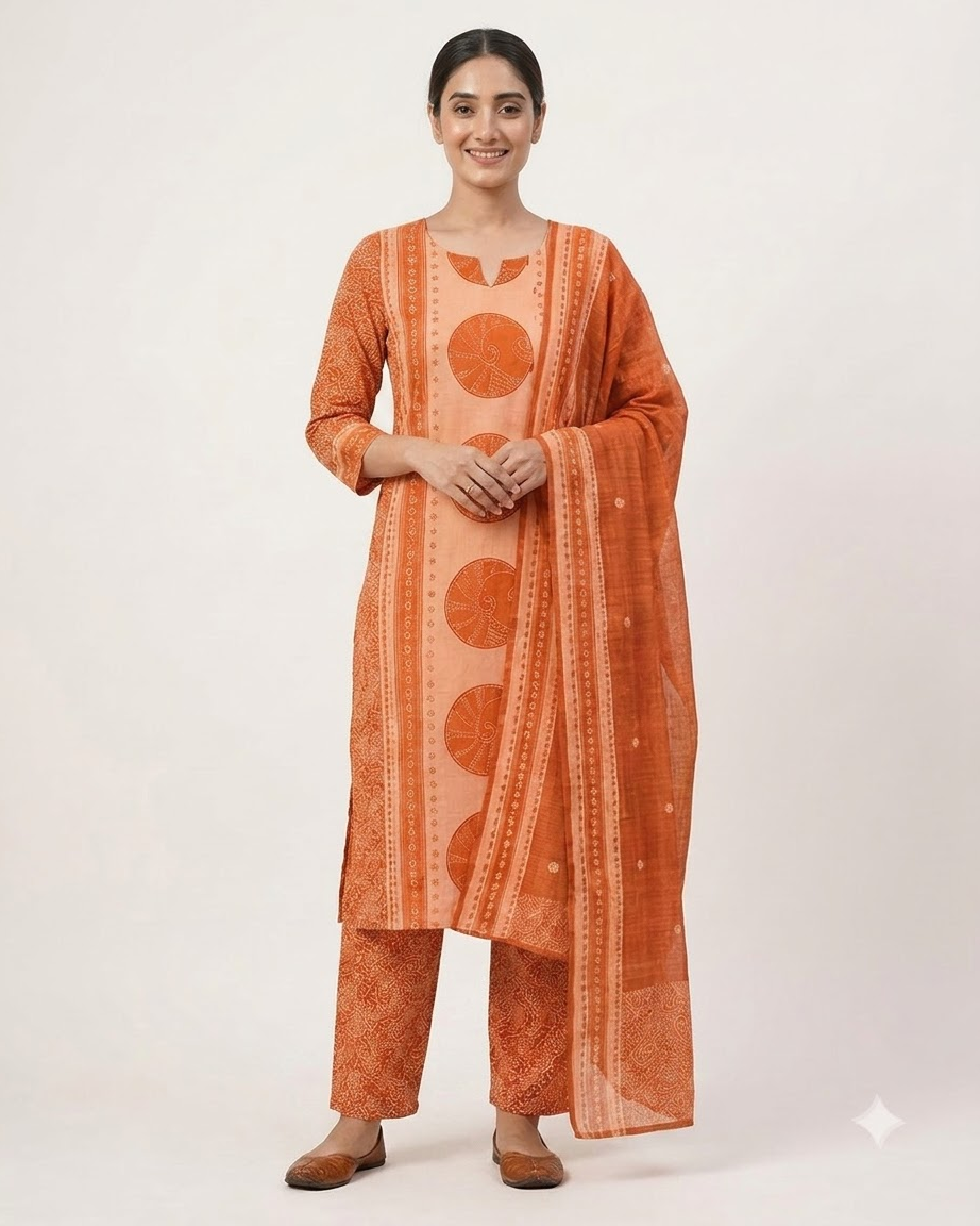 Women's Rust Orange and Peach Pure Cotton Bandhani Printed Kurta Pant Set with Dupatta – 3-Piece Traditional Paneled Straight Suit Set
