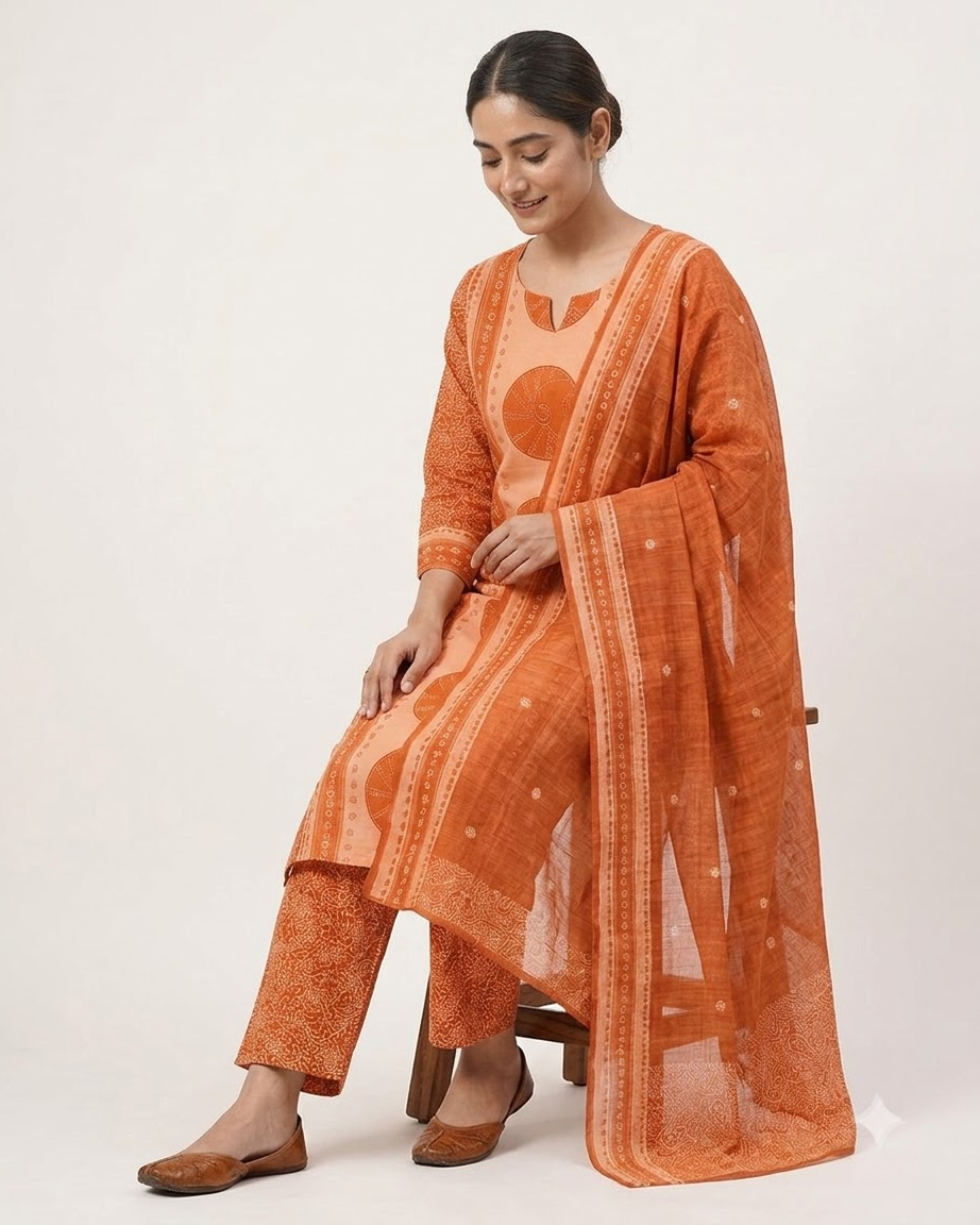 Women's Rust Orange and Peach Pure Cotton Bandhani Printed Kurta Pant Set with Dupatta – 3-Piece Traditional Paneled Straight Suit Set