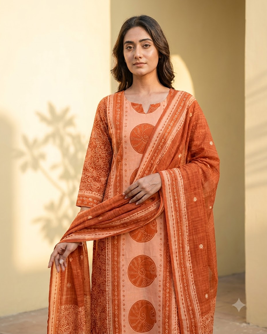 Women's Rust Orange and Peach Pure Cotton Bandhani Printed Kurta Pant Set with Dupatta – 3-Piece Traditional Paneled Straight Suit Set
