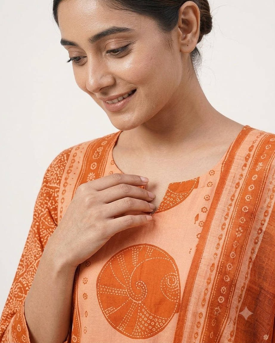 Women's Rust Orange and Peach Pure Cotton Bandhani Printed Kurta Pant Set with Dupatta – 3-Piece Traditional Paneled Straight Suit Set