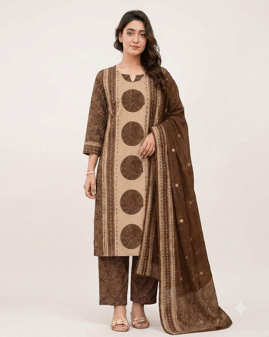 Women's Maroon and Beige Pure Cotton Bandhani Printed Kurta Pant Set with Dupatta – 3-Piece Traditional Paneled Straight Suit Set
