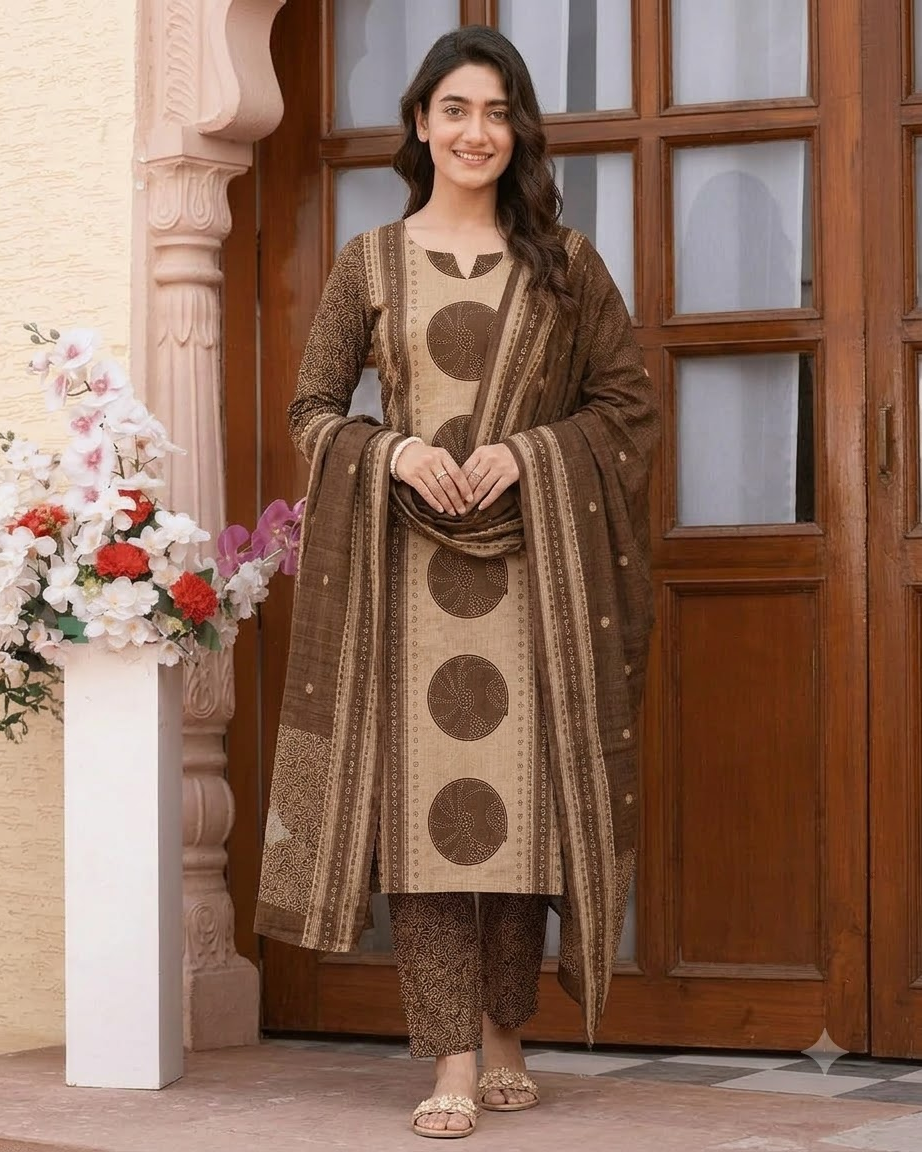 Women's Maroon and Beige Pure Cotton Bandhani Printed Kurta Pant Set with Dupatta – 3-Piece Traditional Paneled Straight Suit Set