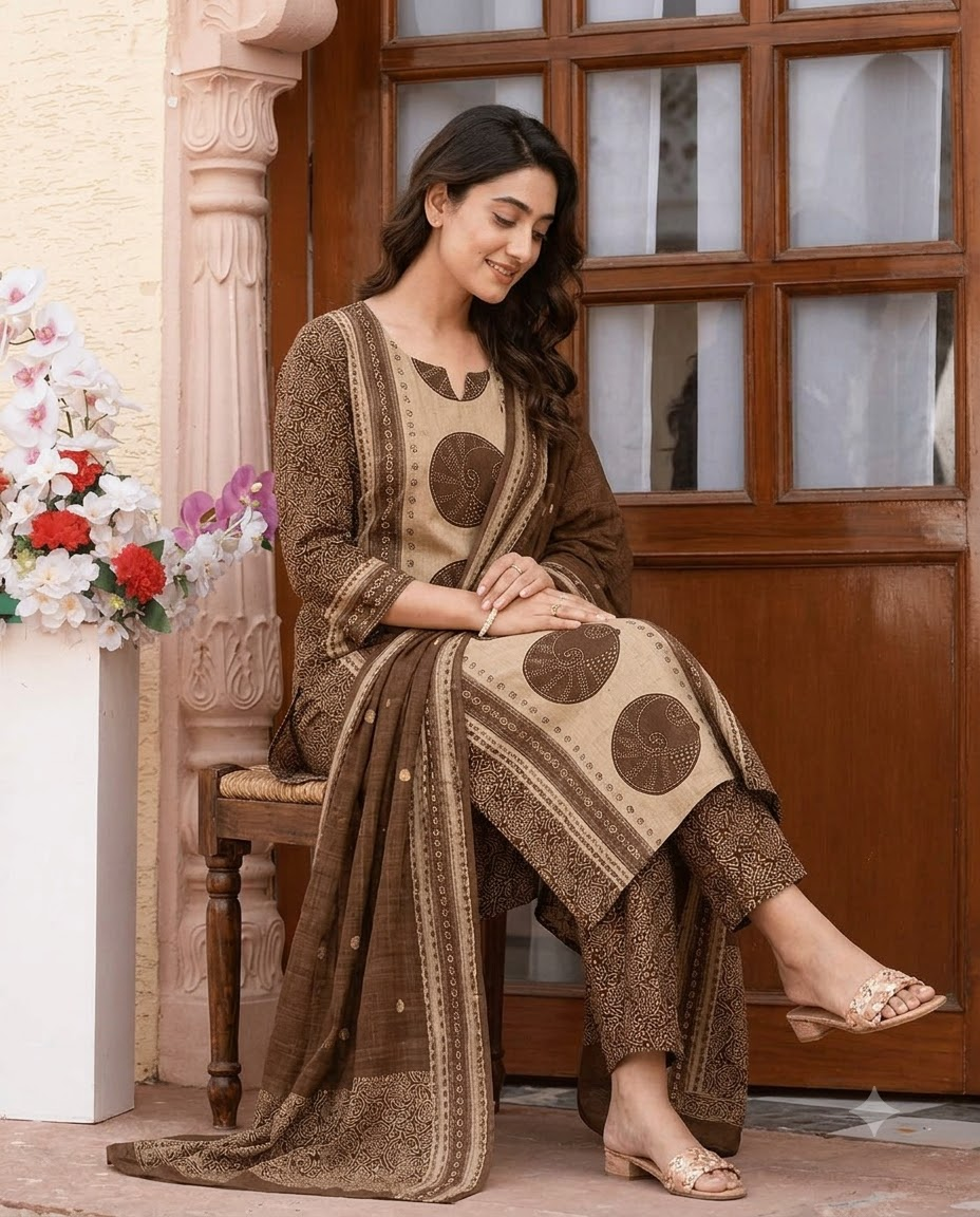 Women's Maroon and Beige Pure Cotton Bandhani Printed Kurta Pant Set with Dupatta – 3-Piece Traditional Paneled Straight Suit Set