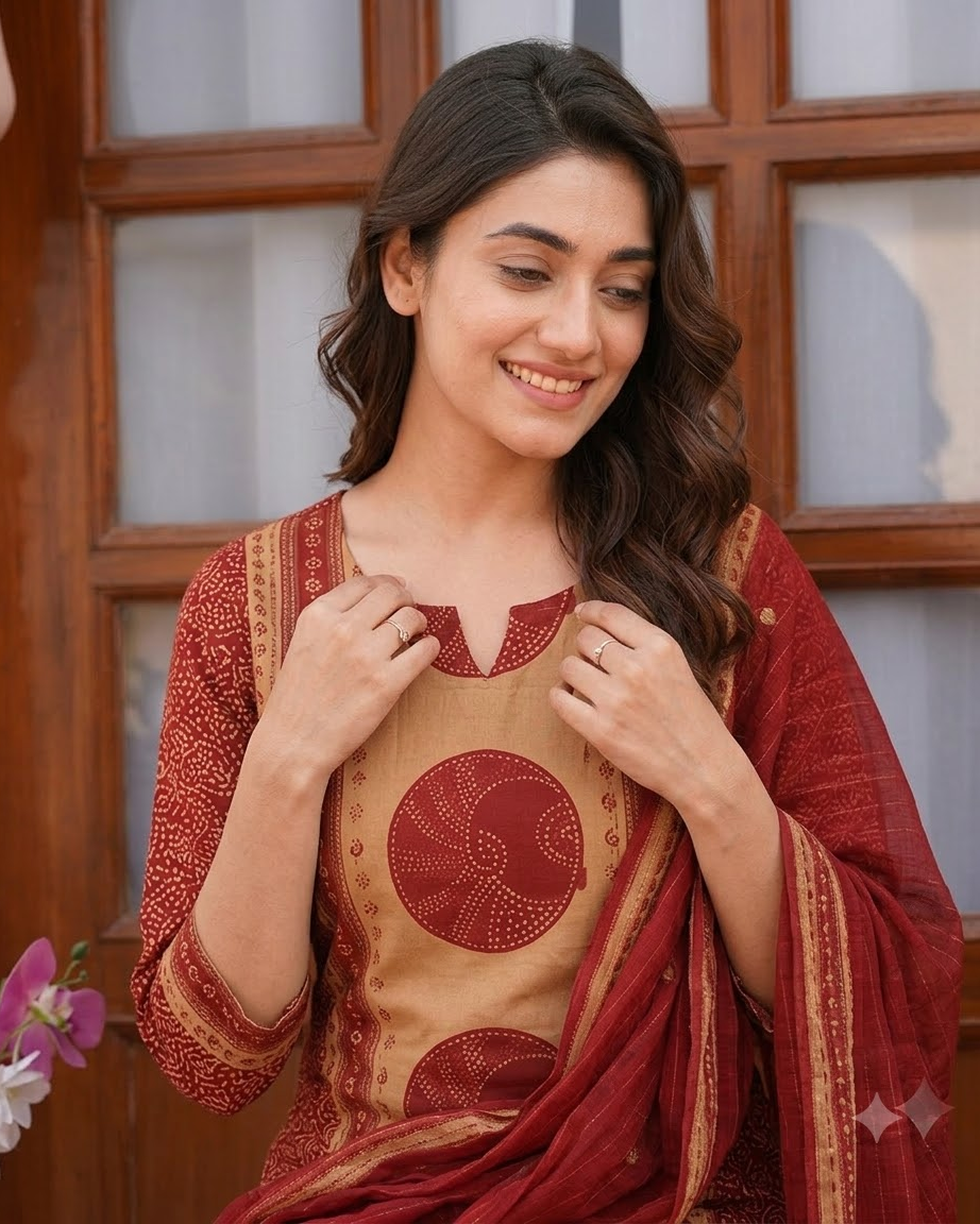 Women's Maroon and Beige Pure Cotton Bandhani Printed Kurta Pant Set with Dupatta – 3-Piece Traditional Paneled Straight Suit Set