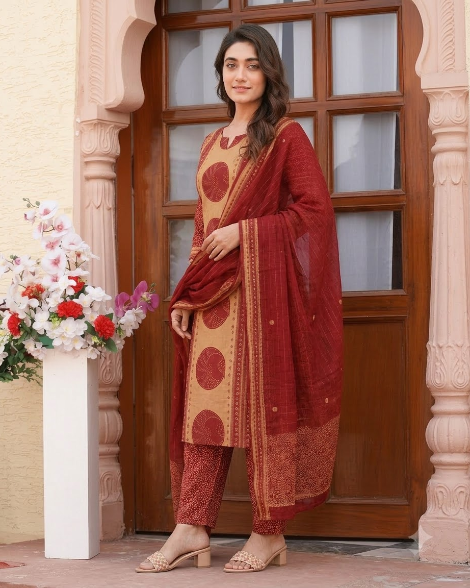 Women's Maroon and Beige Pure Cotton Bandhani Printed Kurta Pant Set with Dupatta – 3-Piece Traditional Paneled Straight Suit Set