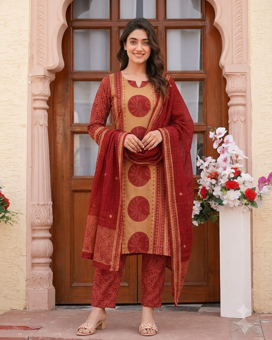 Women's Maroon and Beige Pure Cotton Bandhani Printed Kurta Pant Set with Dupatta – 3-Piece Traditional Paneled Straight Suit Set