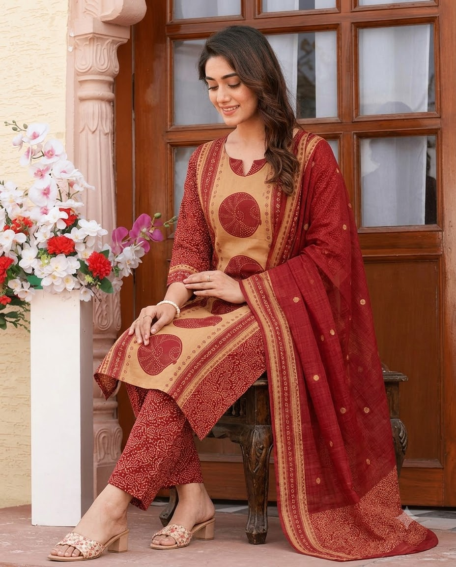 Women's Maroon and Beige Pure Cotton Bandhani Printed Kurta Pant Set with Dupatta – 3-Piece Traditional Paneled Straight Suit Set