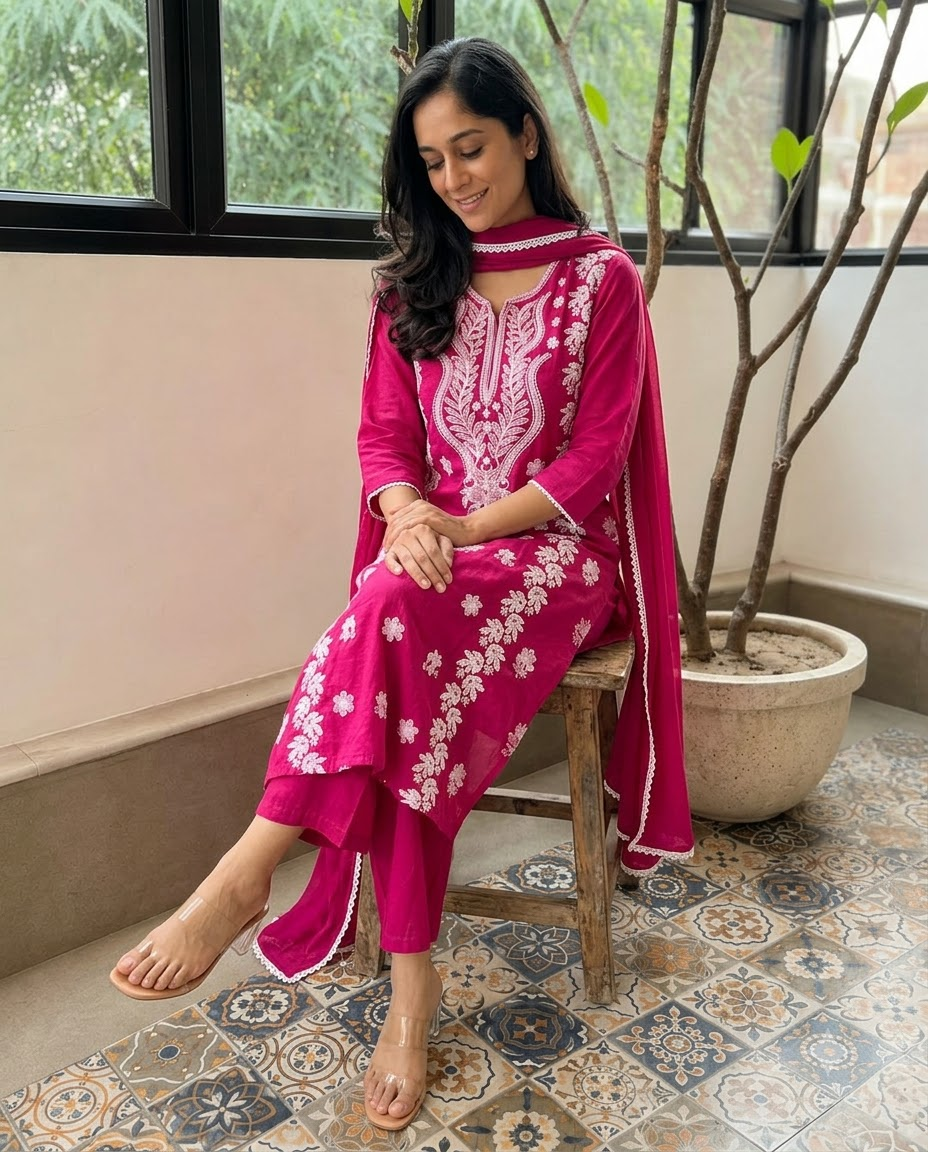 Women's Magenta Pink Embroidered Chikankari Kurta Pant Set with Dupatta – 3-Piece Cotton Mulmul Straight Lucknowi Suit Set