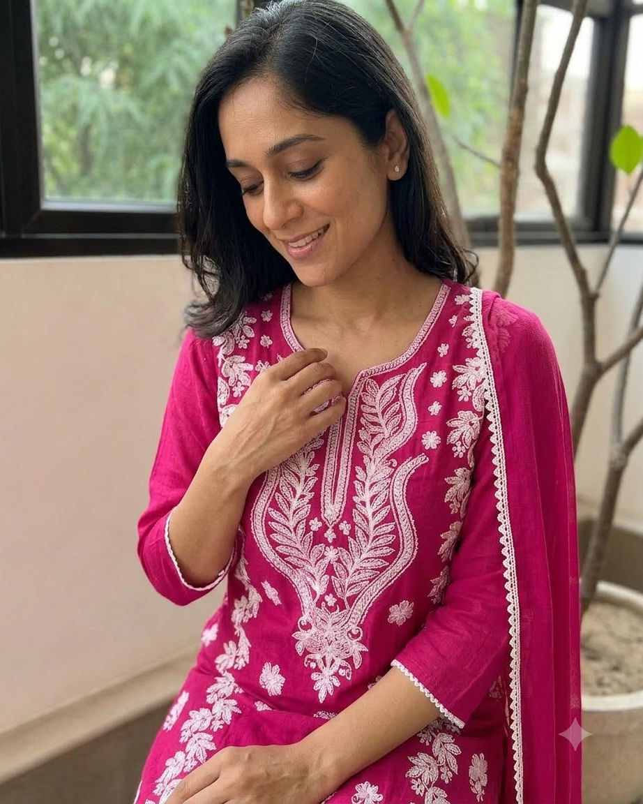 Women's Magenta Pink Embroidered Chikankari Kurta Pant Set with Dupatta – 3-Piece Cotton Mulmul Straight Lucknowi Suit Set
