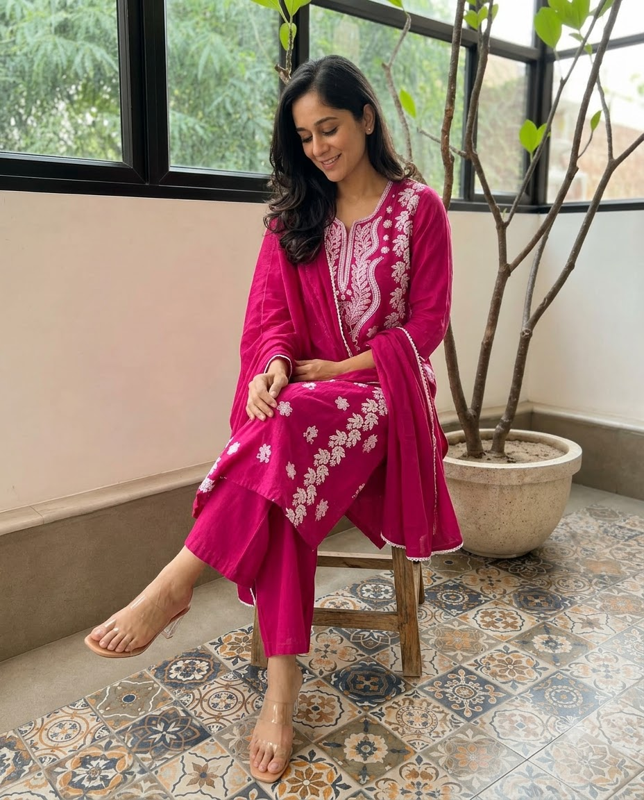 Women's Magenta Pink Embroidered Chikankari Kurta Pant Set with Dupatta – 3-Piece Cotton Mulmul Straight Lucknowi Suit Set