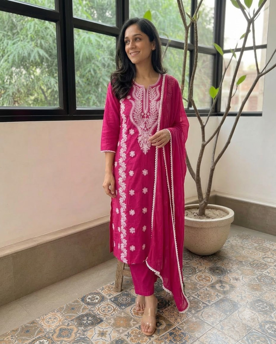 Women's Magenta Pink Embroidered Chikankari Kurta Pant Set with Dupatta – 3-Piece Cotton Mulmul Straight Lucknowi Suit Set