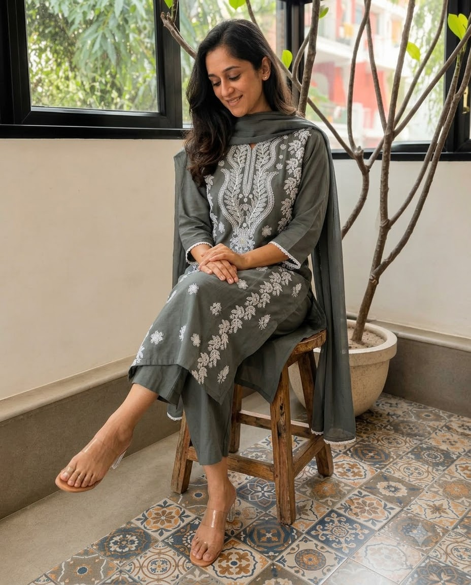 Women's Slate Grey Embroidered Chikankari Kurta Pant Set with Dupatta – 3-Piece Cotton Mulmul Straight Lucknowi Suit Set