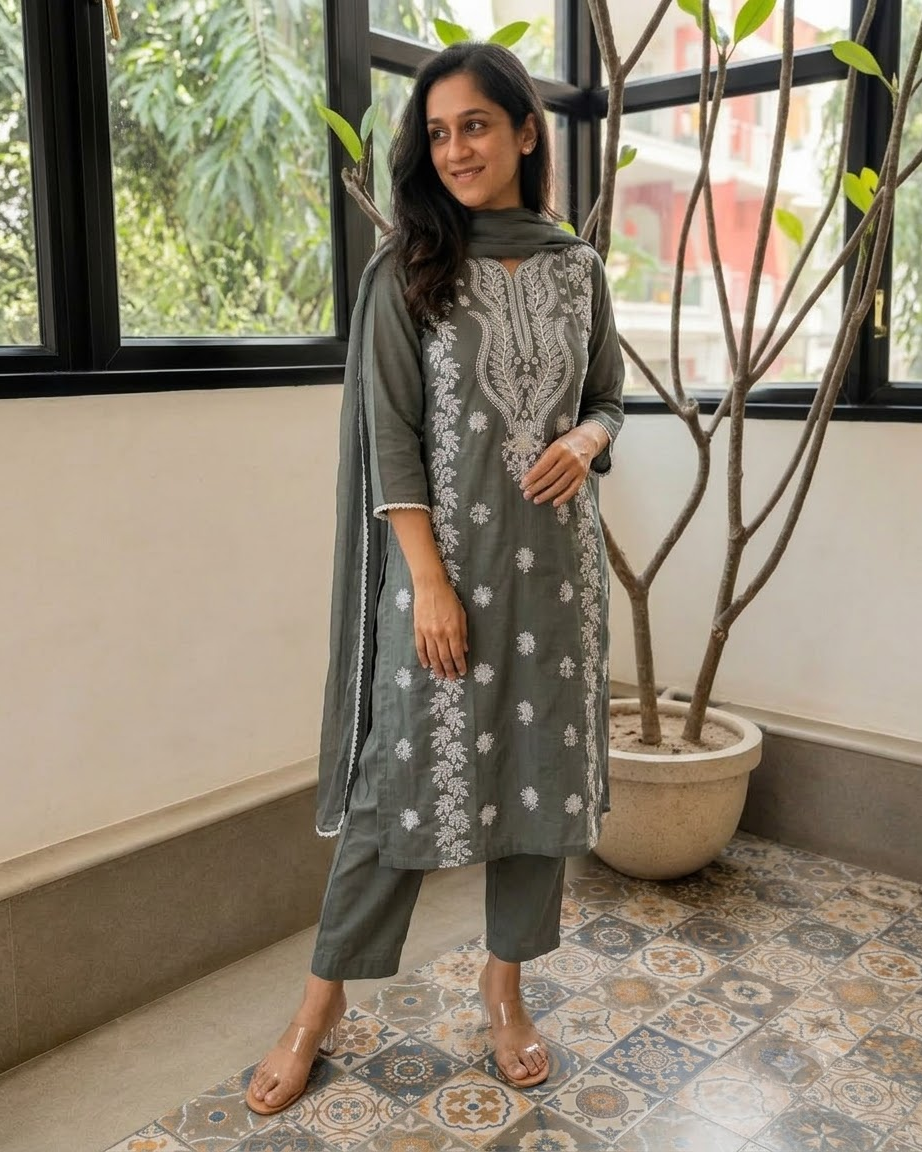 Women's Slate Grey Embroidered Chikankari Kurta Pant Set with Dupatta – 3-Piece Cotton Mulmul Straight Lucknowi Suit Set