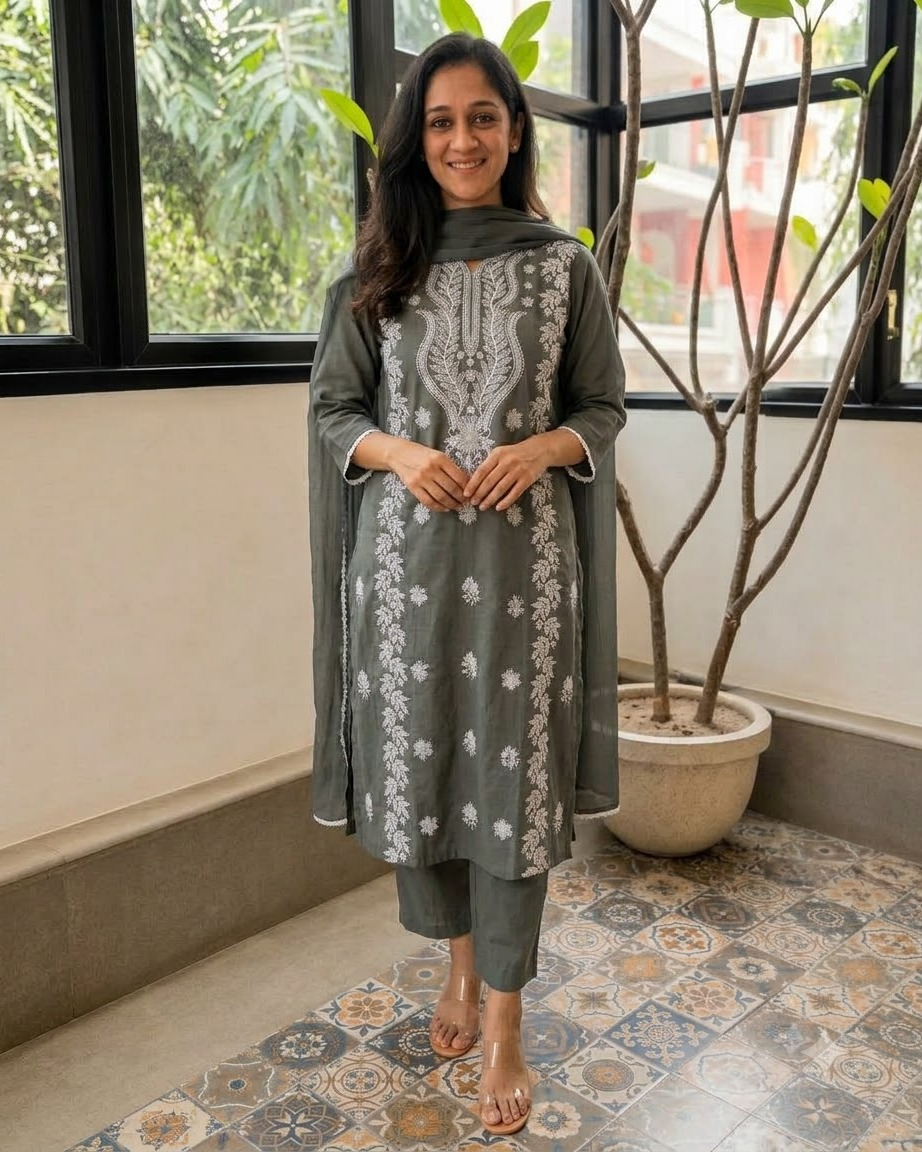 Women's Slate Grey Embroidered Chikankari Kurta Pant Set with Dupatta – 3-Piece Cotton Mulmul Straight Lucknowi Suit Set