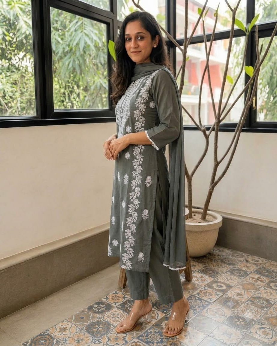 Women's Slate Grey Embroidered Chikankari Kurta Pant Set with Dupatta – 3-Piece Cotton Mulmul Straight Lucknowi Suit Set