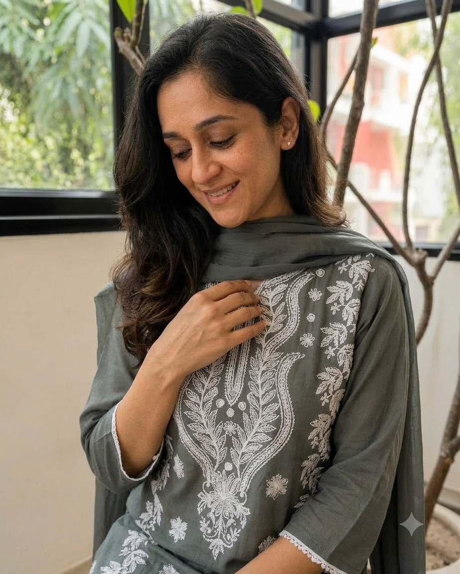 Women's Slate Grey Embroidered Chikankari Kurta Pant Set with Dupatta – 3-Piece Cotton Mulmul Straight Lucknowi Suit Set