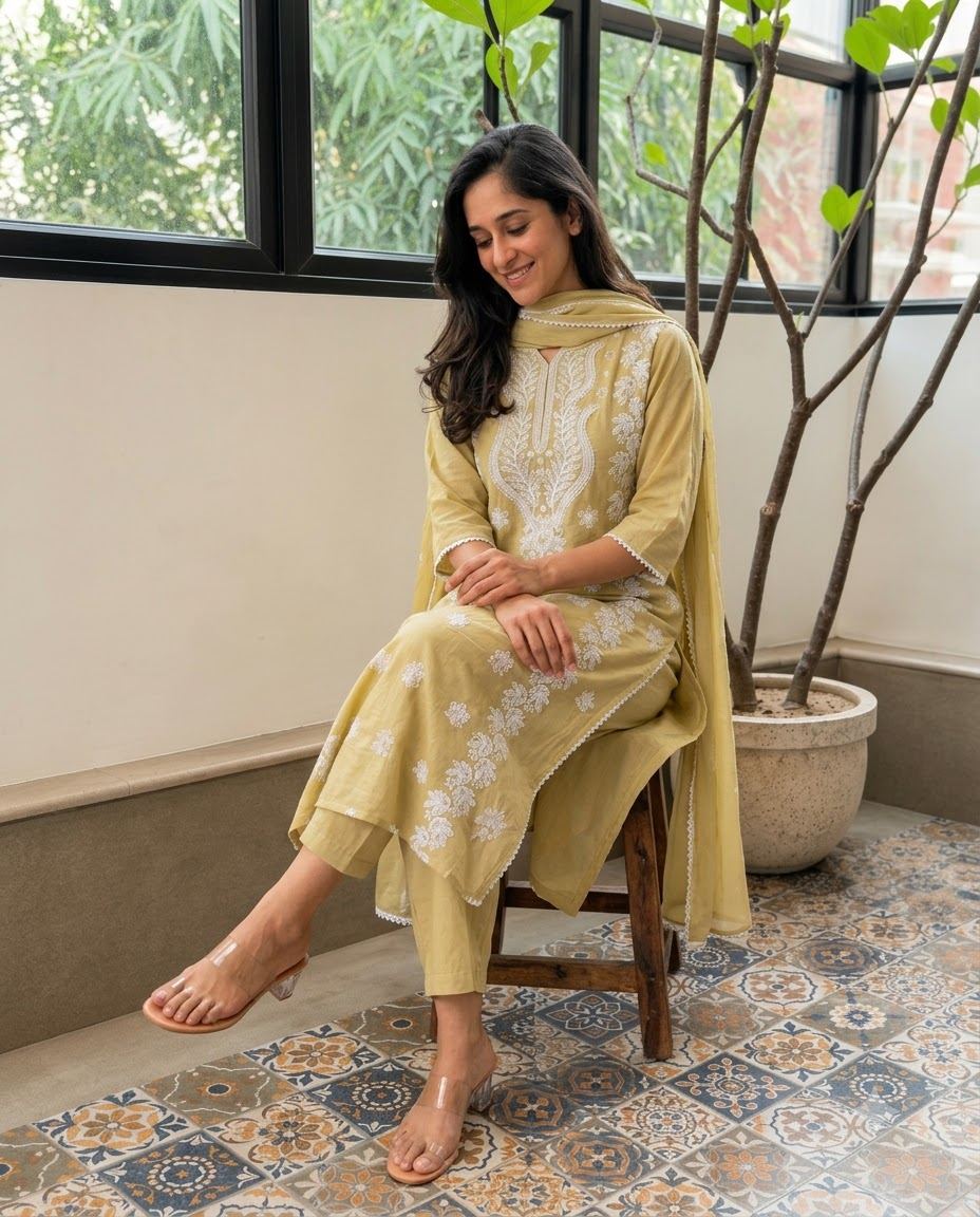 Women's Pista Green Embroidered Chikankari Kurta Pant Set with Dupatta – 3-Piece Cotton Mulmul Straight Lucknowi Suit Set