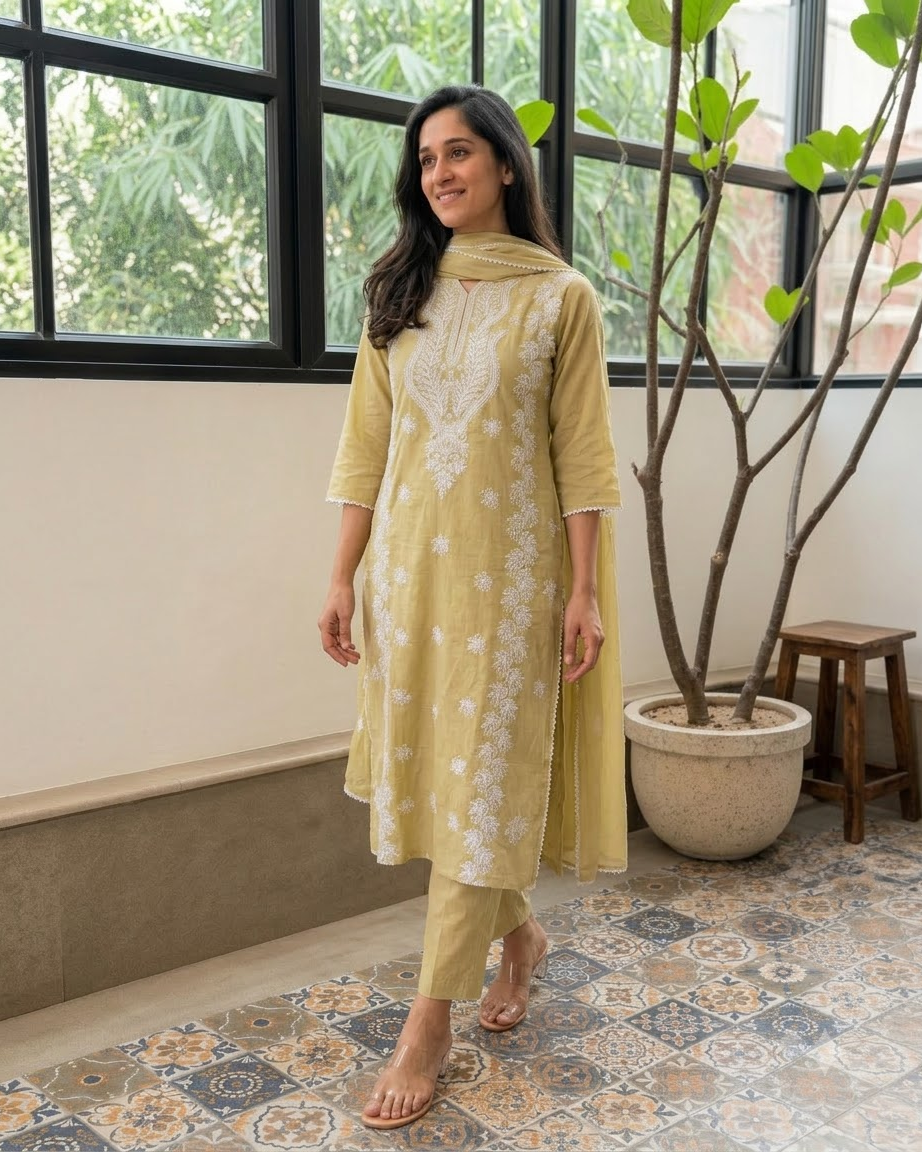 Women's Pista Green Embroidered Chikankari Kurta Pant Set with Dupatta – 3-Piece Cotton Mulmul Straight Lucknowi Suit Set