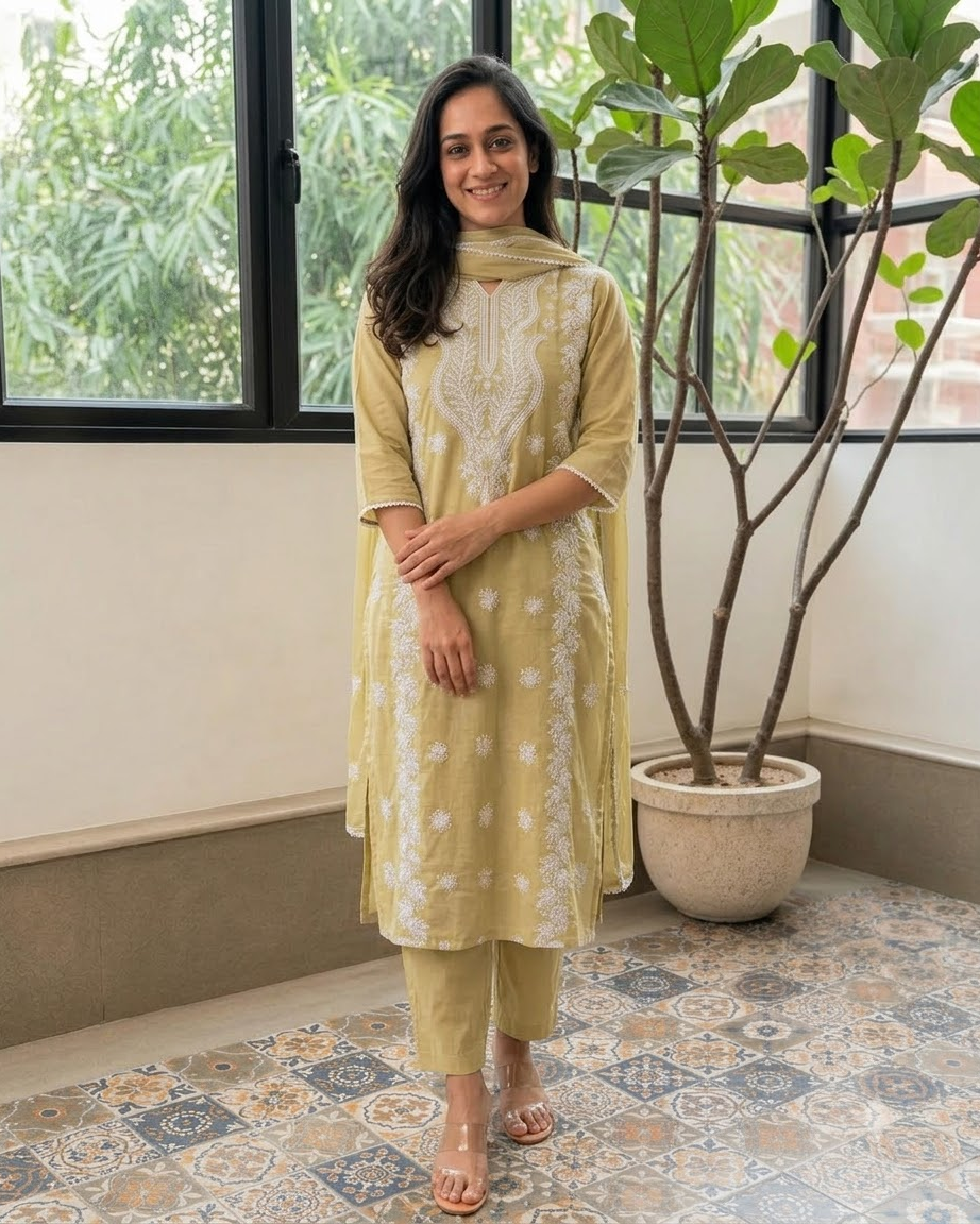 Women's Pista Green Embroidered Chikankari Kurta Pant Set with Dupatta – 3-Piece Cotton Mulmul Straight Lucknowi Suit Set