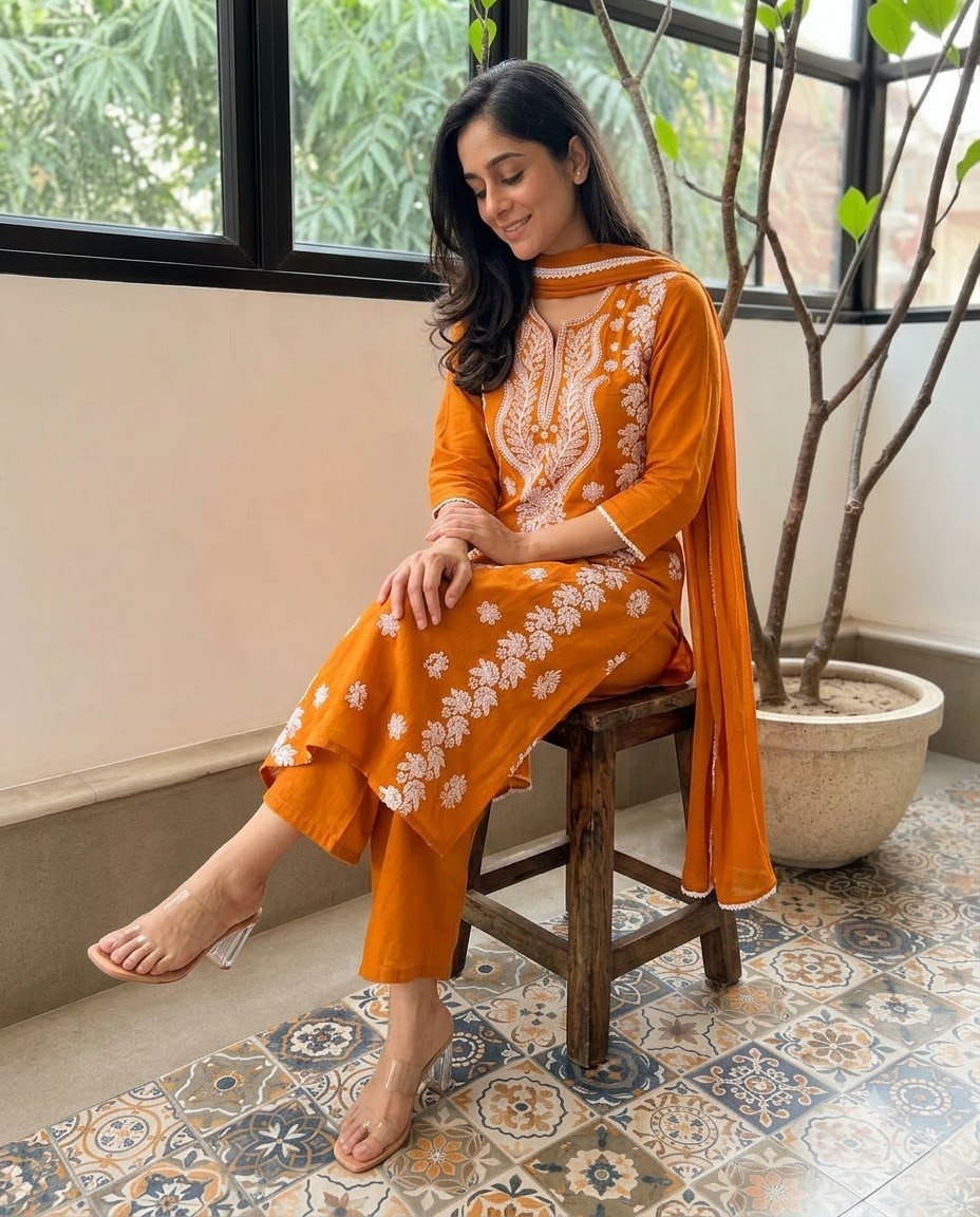 Women's Mustard Orange Embroidered Chikankari Kurta Pant Set with Dupatta – 3-Piece Cotton Mulmul Straight Lucknowi Suit Set