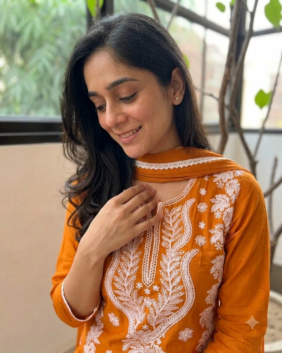 Women's Mustard Orange Embroidered Chikankari Kurta Pant Set with Dupatta – 3-Piece Cotton Mulmul Straight Lucknowi Suit Set