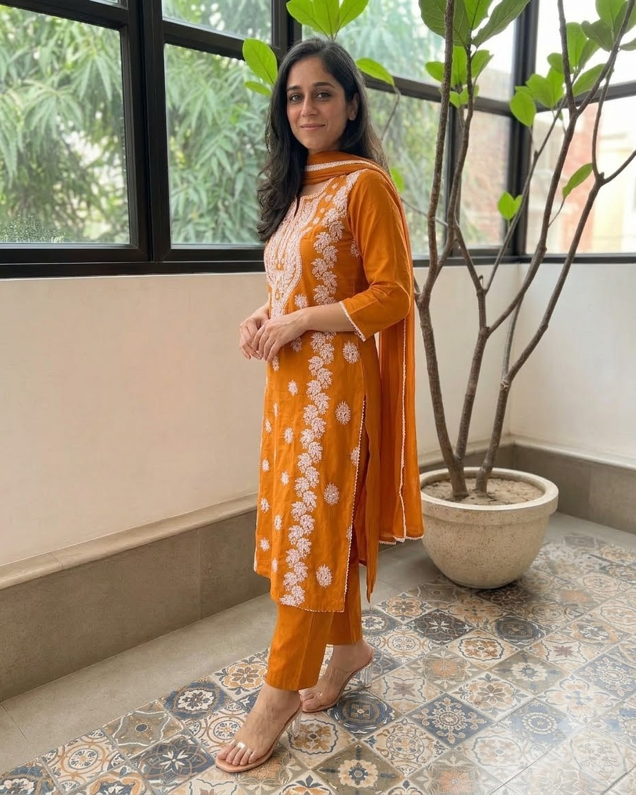 Women's Mustard Orange Embroidered Chikankari Kurta Pant Set with Dupatta – 3-Piece Cotton Mulmul Straight Lucknowi Suit Set