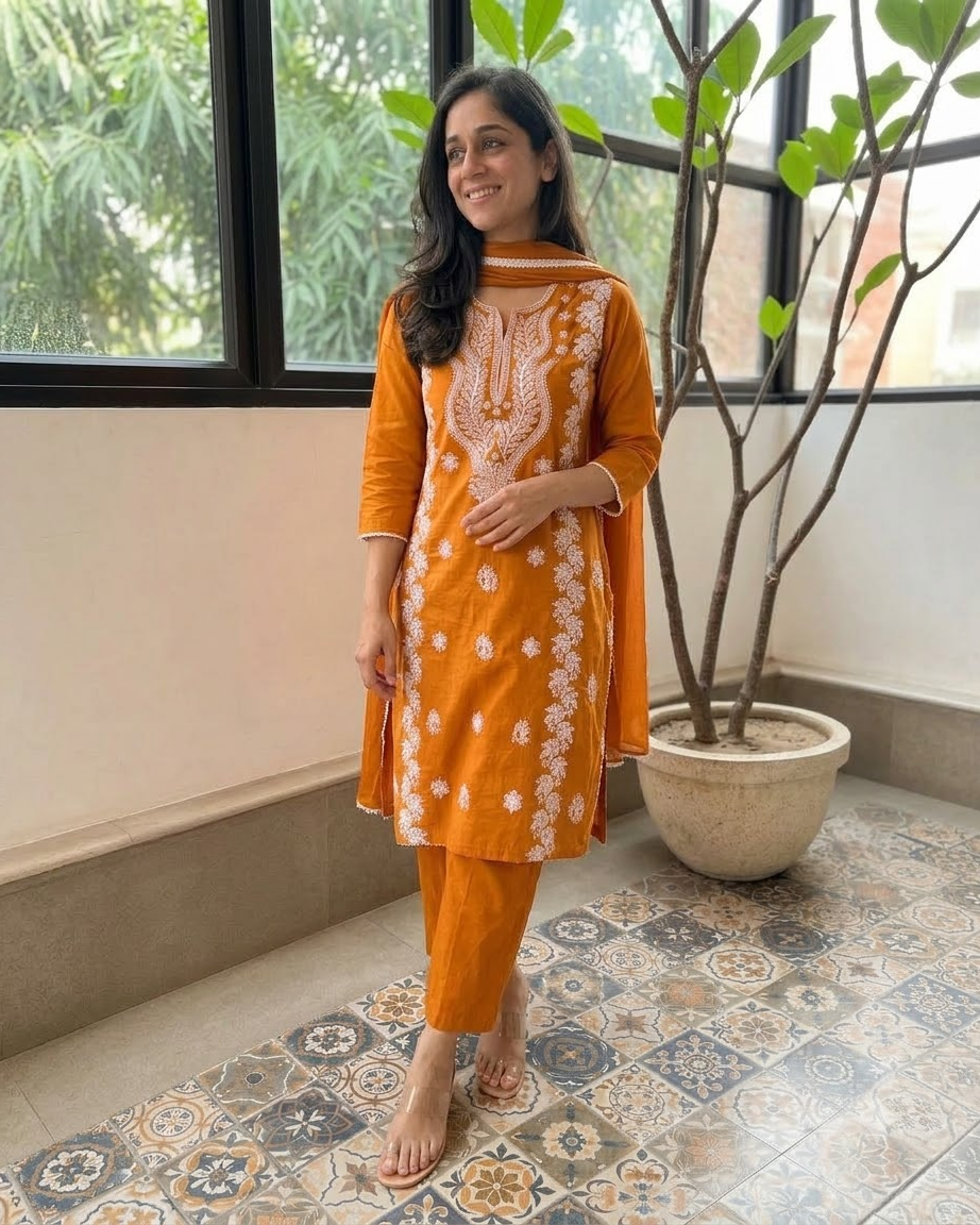 Women's Mustard Orange Embroidered Chikankari Kurta Pant Set with Dupatta – 3-Piece Cotton Mulmul Straight Lucknowi Suit Set