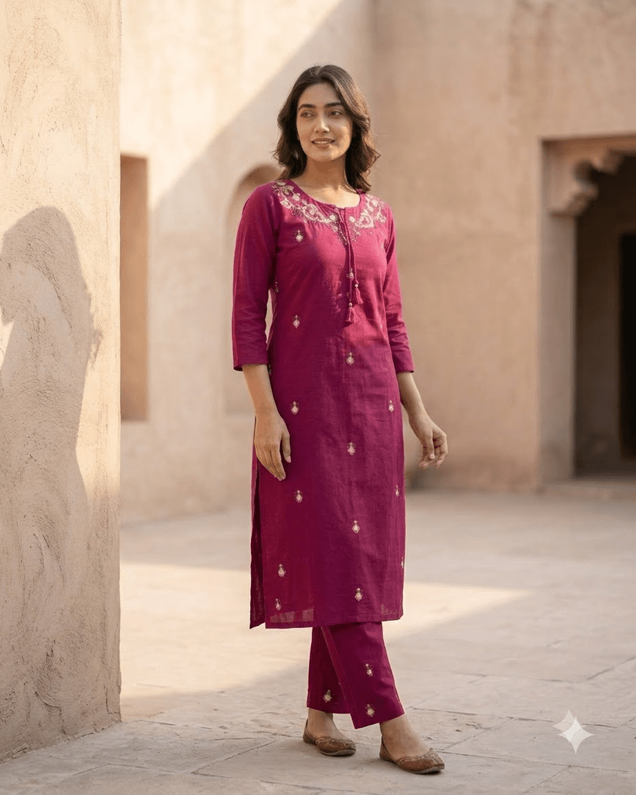 Women's Magenta Pink Pure Cotton Embroidered Kurta Pant Set – 3-Piece Rani Pink Traditional Straight Suit Set with Mirror Work