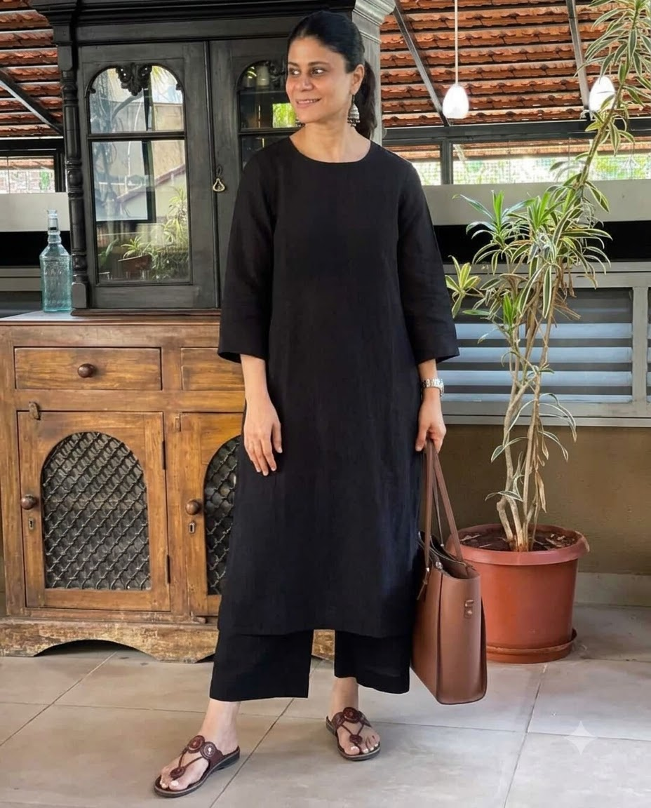 Women's Solid Black Cotton Linen Straight Kurta Pant Set – 2-Piece Minimalist Breathable Co-ord Set for Office and Daily Wear