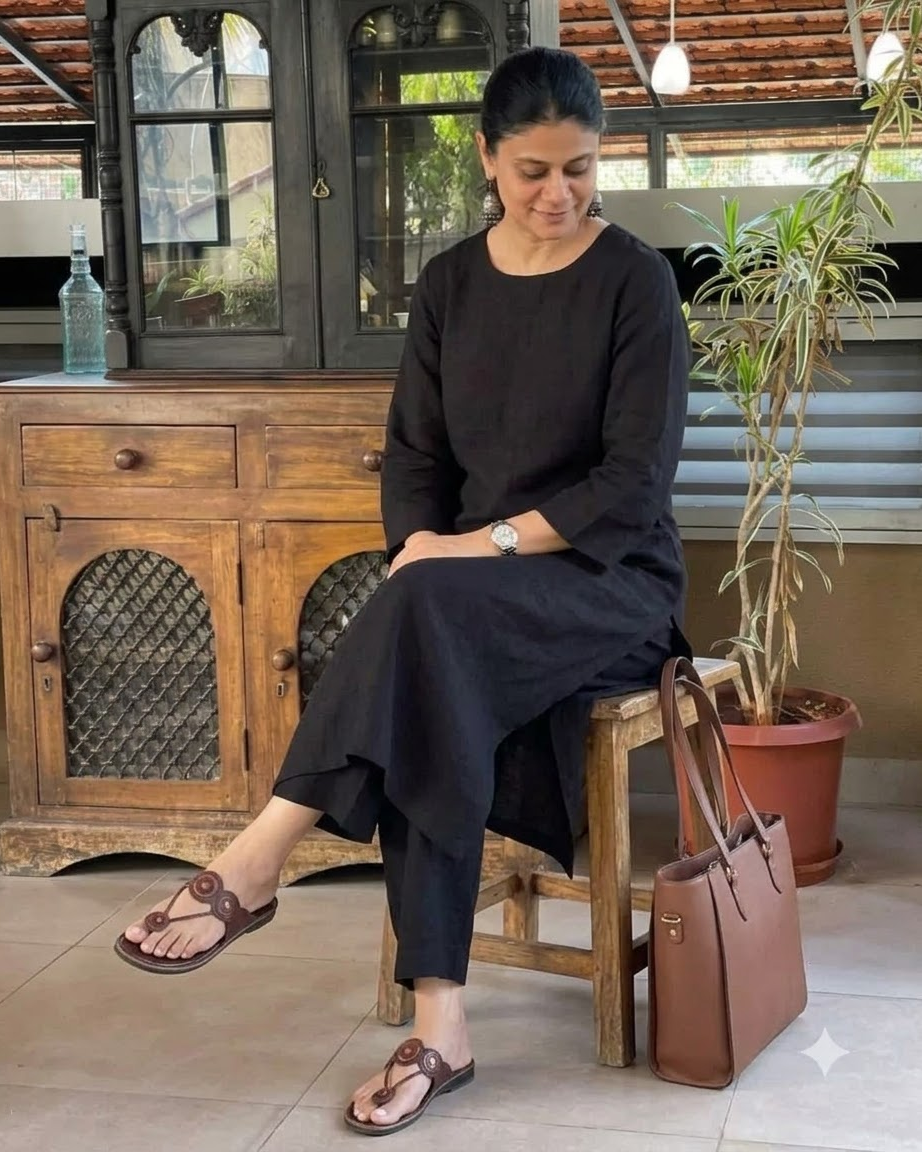 Women's Solid Black Cotton Linen Straight Kurta Pant Set – 2-Piece Minimalist Breathable Co-ord Set for Office and Daily Wear