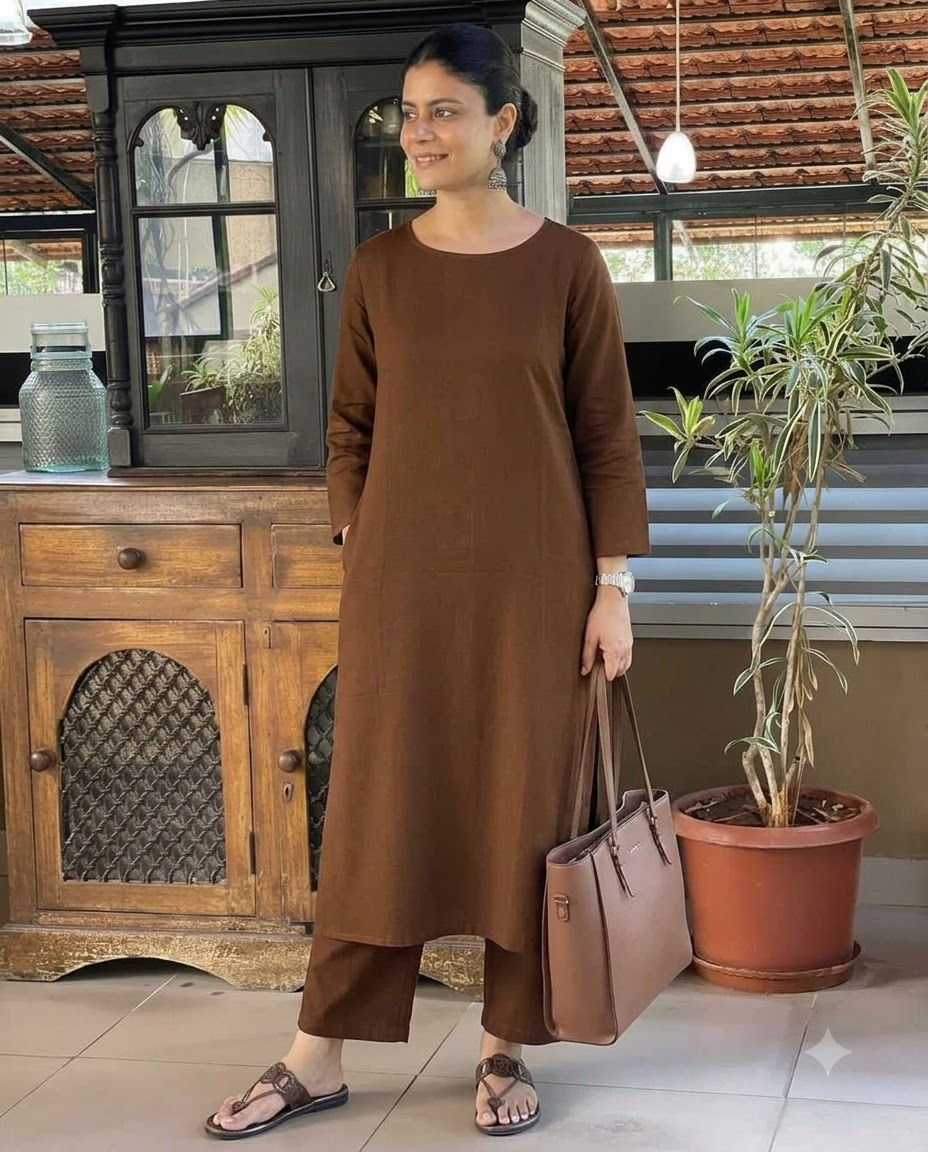 Women's Solid Coffee Brown Cotton Linen Straight Kurta Pant Set – 2-Piece Minimalist Breathable Co-ord Set for Office and Daily Wear