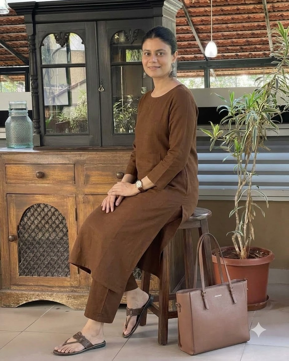 Women's Solid Coffee Brown Cotton Linen Straight Kurta Pant Set – 2-Piece Minimalist Breathable Co-ord Set for Office and Daily Wear