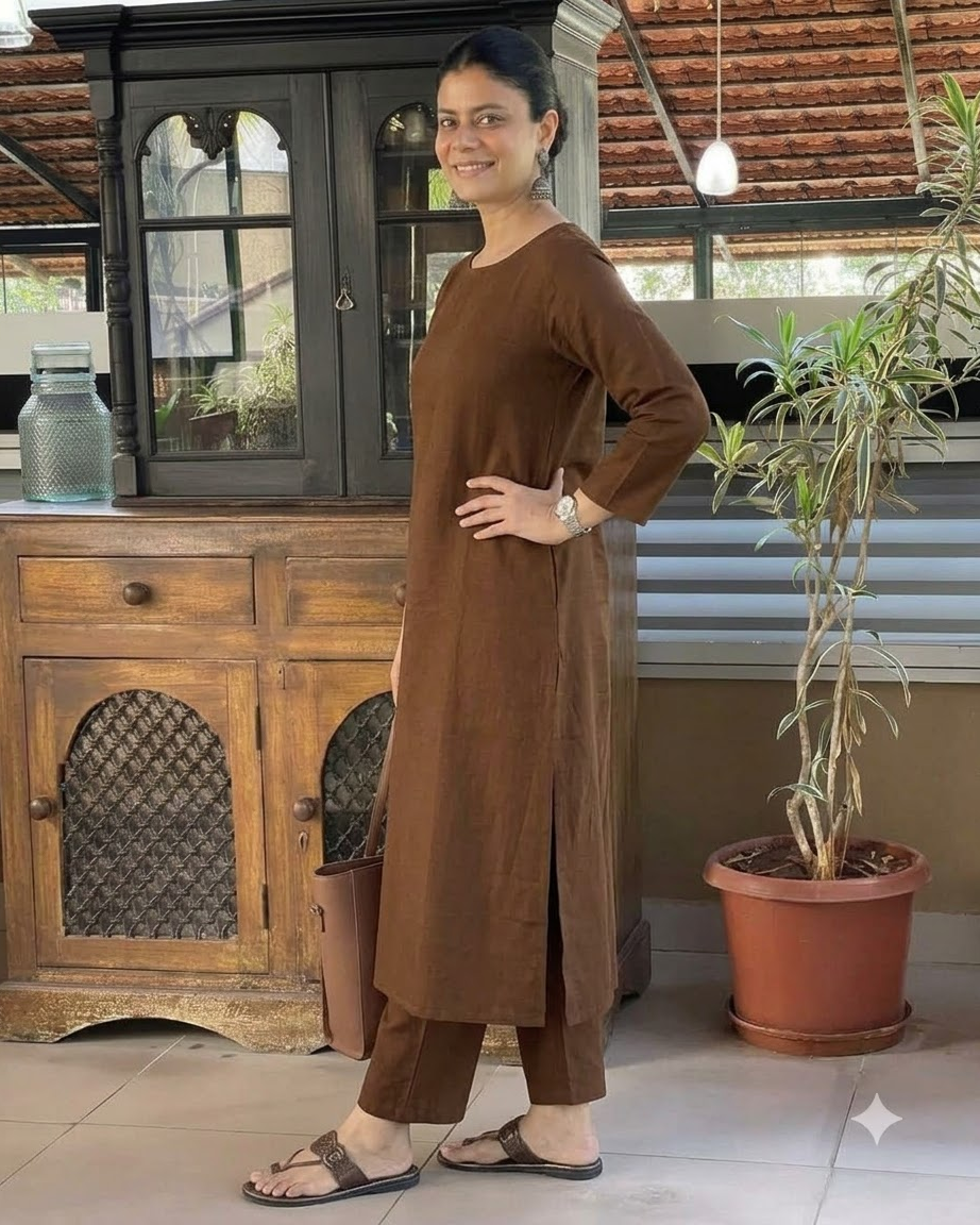 Women's Solid Coffee Brown Cotton Linen Straight Kurta Pant Set – 2-Piece Minimalist Breathable Co-ord Set for Office and Daily Wear