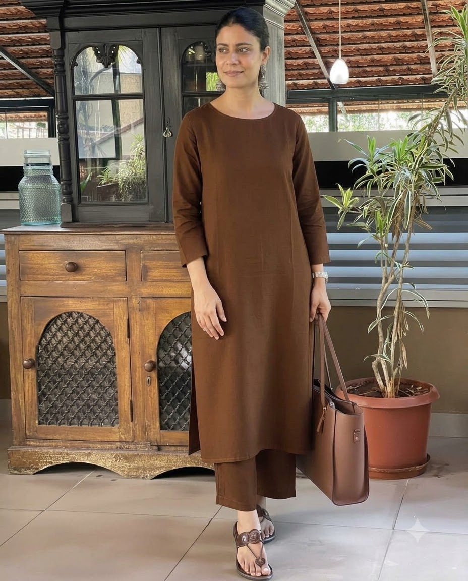 Women's Solid Coffee Brown Cotton Linen Straight Kurta Pant Set – 2-Piece Minimalist Breathable Co-ord Set for Office and Daily Wear
