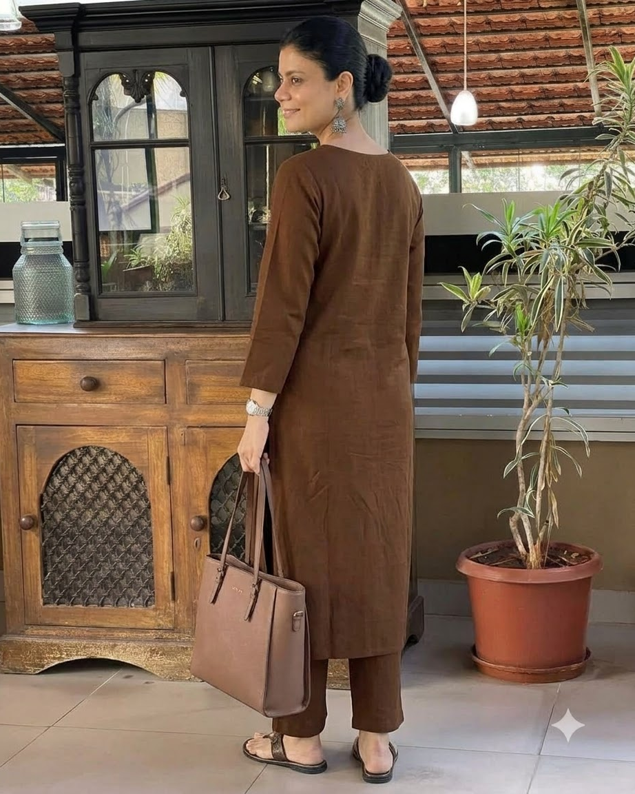 Women's Solid Coffee Brown Cotton Linen Straight Kurta Pant Set – 2-Piece Minimalist Breathable Co-ord Set for Office and Daily Wear