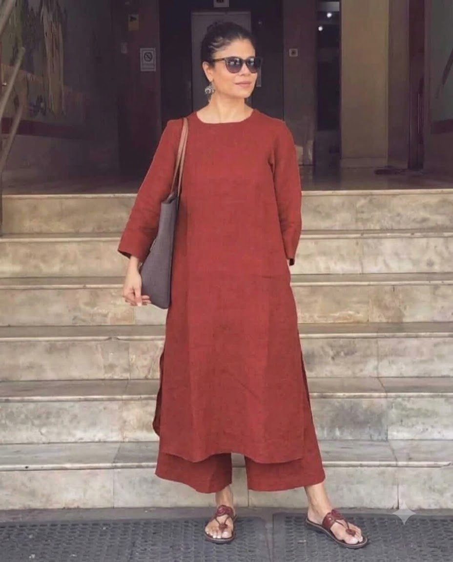 Women's Solid Terracotta Cotton Linen Straight Kurta Palazzo Set – 2-Piece Minimalist Breathable Co-ord Set for Office and Daily Wear
