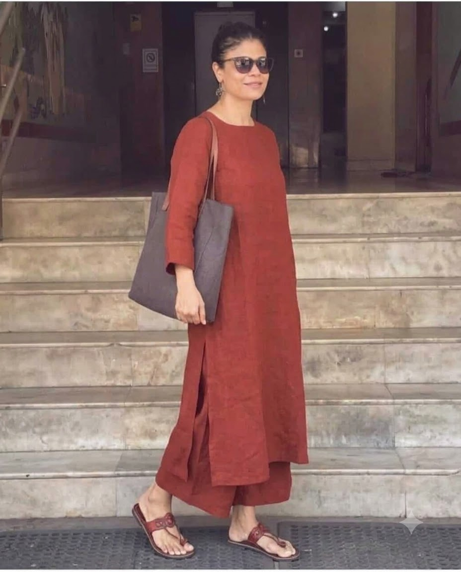 Women's Solid Terracotta Cotton Linen Straight Kurta Palazzo Set – 2-Piece Minimalist Breathable Co-ord Set for Office and Daily Wear