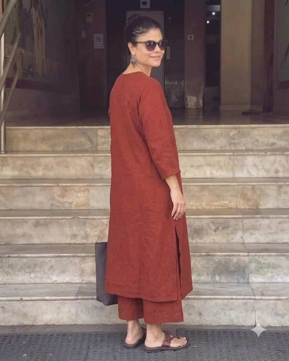 Women's Solid Terracotta Cotton Linen Straight Kurta Palazzo Set – 2-Piece Minimalist Breathable Co-ord Set for Office and Daily Wear
