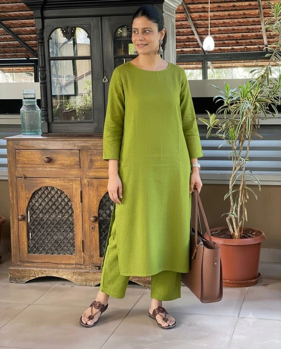 Women's Solid Olive Green Cotton Linen Straight Kurta Pant Set – 2-Piece Minimalist Breathable Co-ord Set for Office and Daily Wear