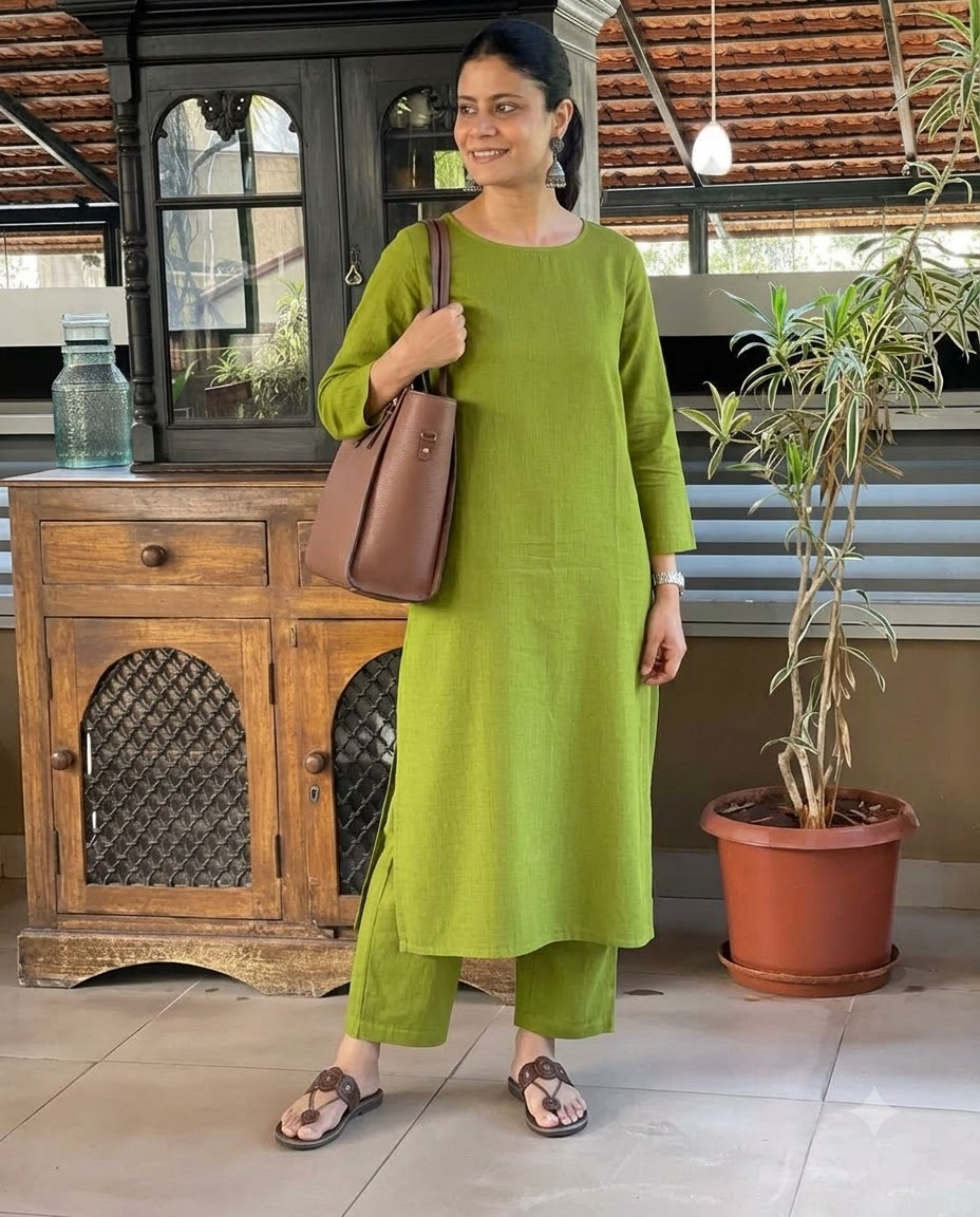 Women's Solid Olive Green Cotton Linen Straight Kurta Pant Set – 2-Piece Minimalist Breathable Co-ord Set for Office and Daily Wear