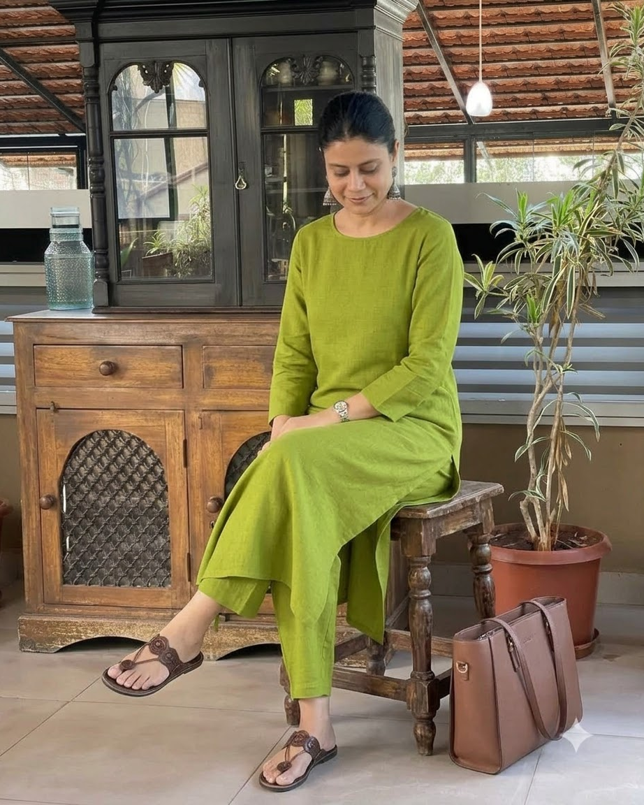 Women's Solid Olive Green Cotton Linen Straight Kurta Pant Set – 2-Piece Minimalist Breathable Co-ord Set for Office and Daily Wear