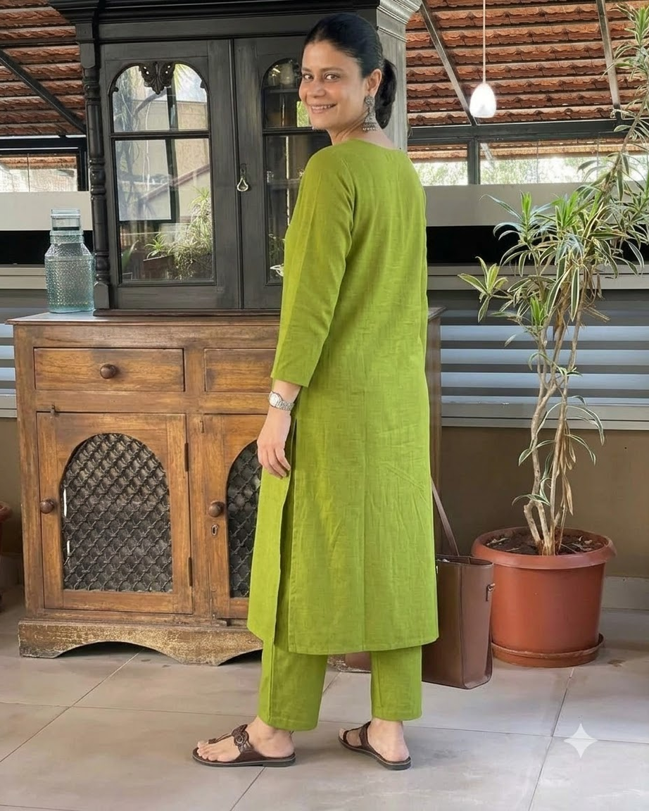 Women's Solid Olive Green Cotton Linen Straight Kurta Pant Set – 2-Piece Minimalist Breathable Co-ord Set for Office and Daily Wear