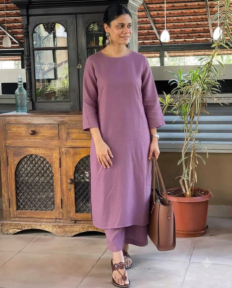 Women's Solid Mauve Cotton Linen Straight Kurta Pant Set – 2-Piece Minimalist Breathable Co-ord Set for Office and Daily Wear