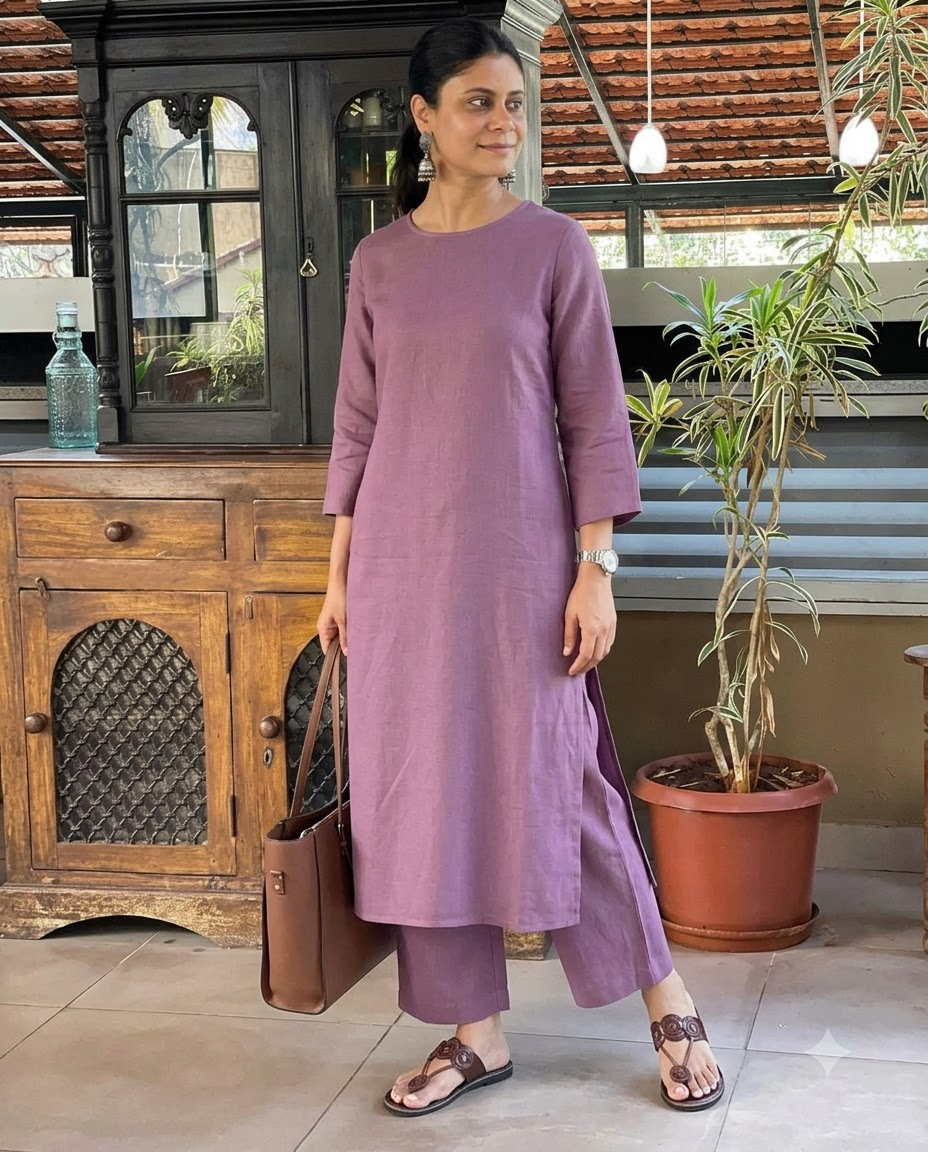 Women's Solid Mauve Cotton Linen Straight Kurta Pant Set – 2-Piece Minimalist Breathable Co-ord Set for Office and Daily Wear
