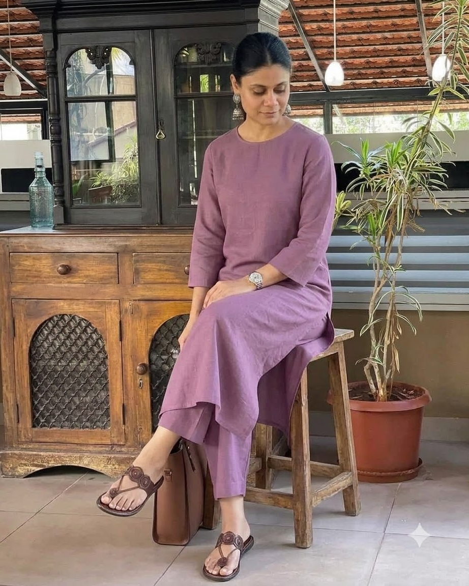 Women's Solid Mauve Cotton Linen Straight Kurta Pant Set – 2-Piece Minimalist Breathable Co-ord Set for Office and Daily Wear